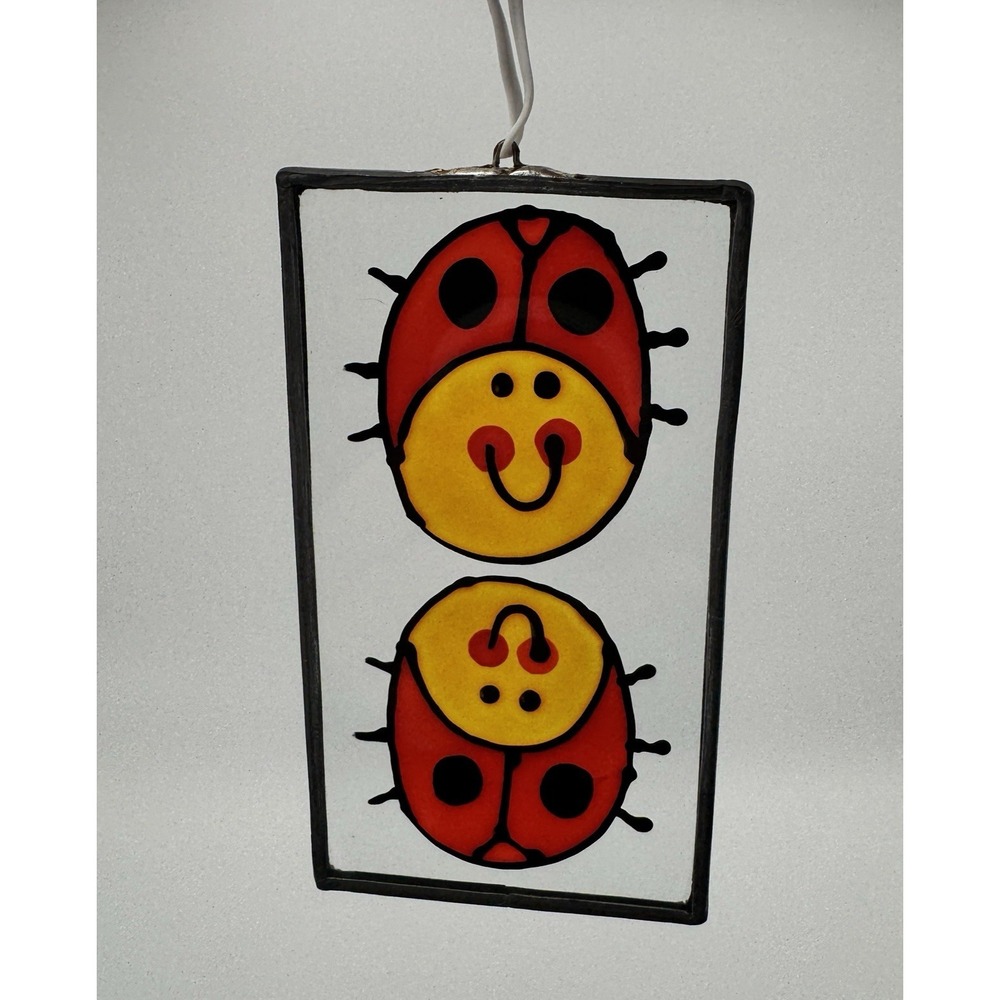 Vintage Stained Glass Ladybug Suncatcher Small Hanging Window Panel Handmade
